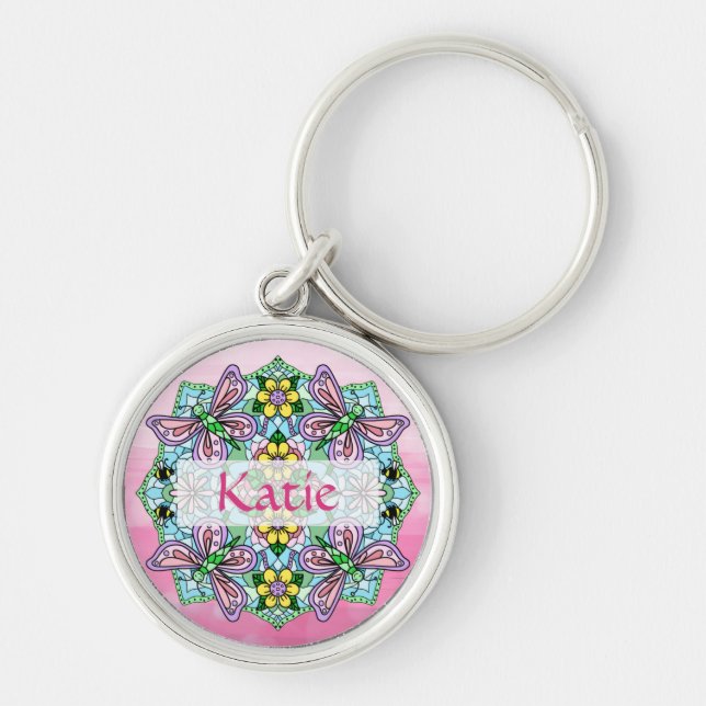 Personalised Pink and Blue Butterfly Mandala  Key Ring (Front)
