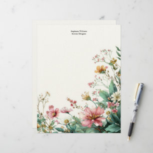 Personalised Pink and Green Wildflowers Florals Custom Letterhead
