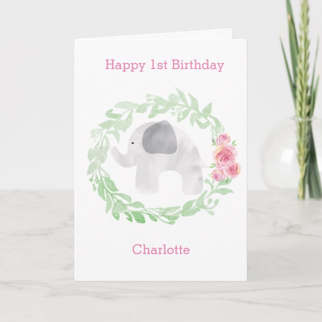 Personalised Pink and Grey Elephant Birthday Card (Front)