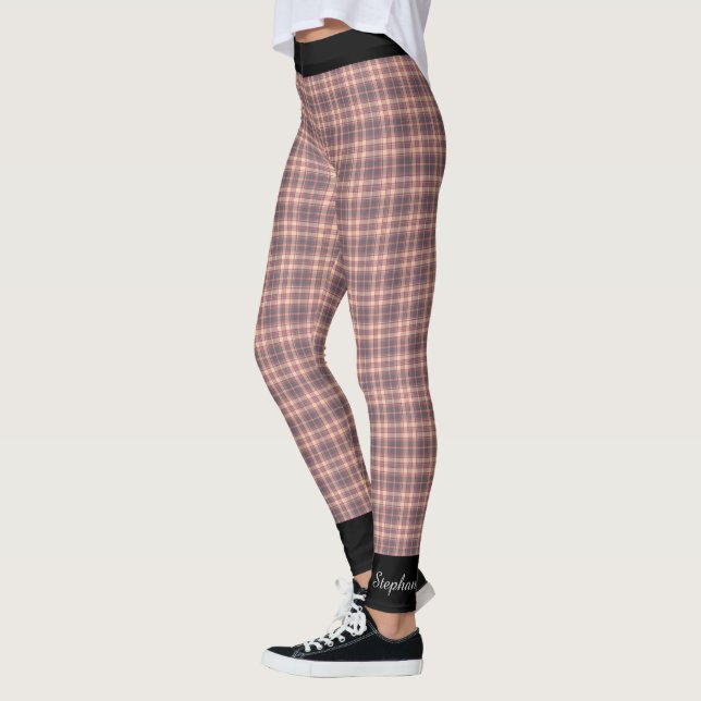 Personalised Pink and Grey Plaid with Black Trim Leggings (Left)