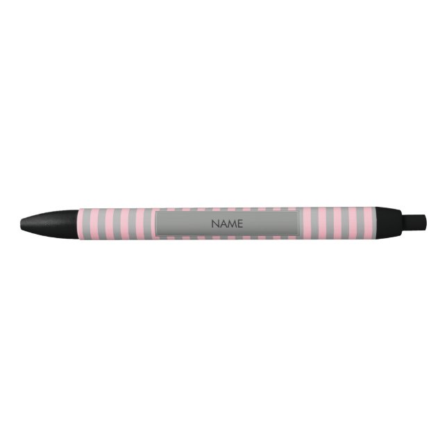 Personalised Pink and Grey Stripes Pattern Black Ink Pen (Front)