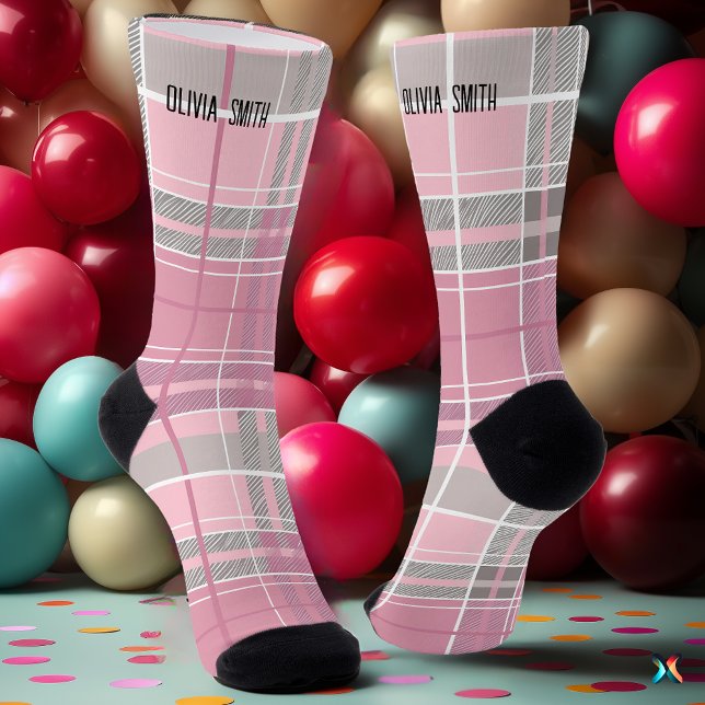 Personalised Pink and Grey Tartan Plaid Custom Socks (Creator Uploaded)