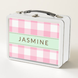 Personalised Pink and Mint Gingham Metal Lunchbox