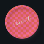 Personalised Pink and Orange Chequerboard Pattern Paper Plate<br><div class="desc">Personalised Pink and Orange Chequerboard Pattern Paper Plate</div>