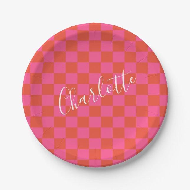 Personalised Pink and Orange Chequerboard Pattern Paper Plate (Front)