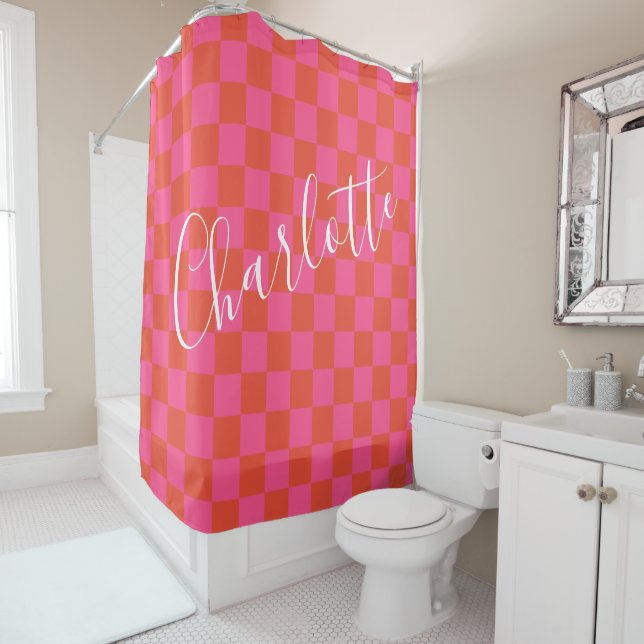 Personalised Pink and Orange Chequerboard Pattern Shower Curtain (In Situ)