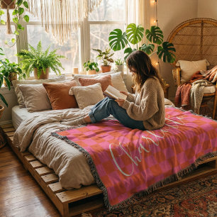 Personalised Pink and Orange Chequerboard Pattern  Throw Blanket