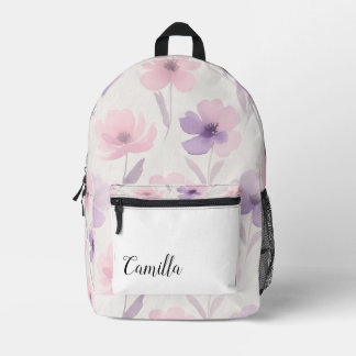 Personalised Pink and Purple Watercolor Floral Bac Printed Backpack