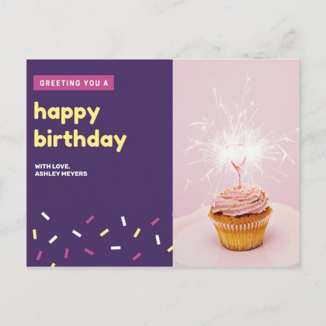 Personalised - Pink and Violet Cupcake Birthday Postcard (Front)