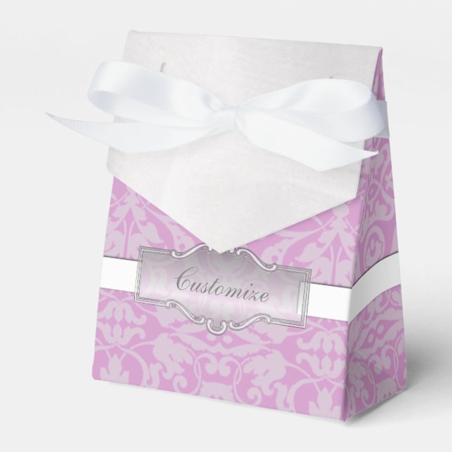 Personalised Pink and White Damask Favour Box (Front Side)