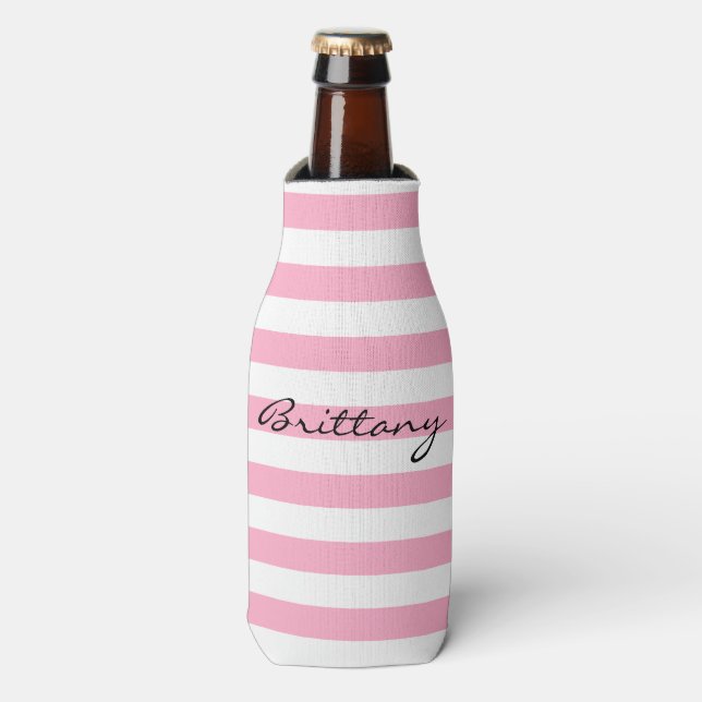 Personalised Pink and White Striped Bottle Cooler (Bottle Front)