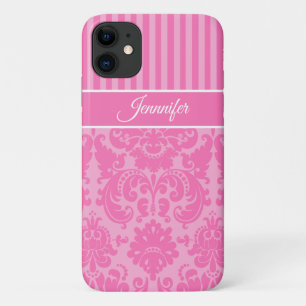Personalised Pink and White Striped Damask Case-Mate iPhone Case