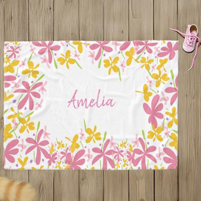 Personalised Pink and Yellow Wildflower  Fleece Blanket (Creator Uploaded)
