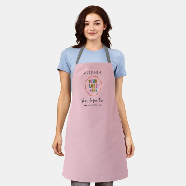 Personalised Pink Apron with Custom Company Logo (Worn)