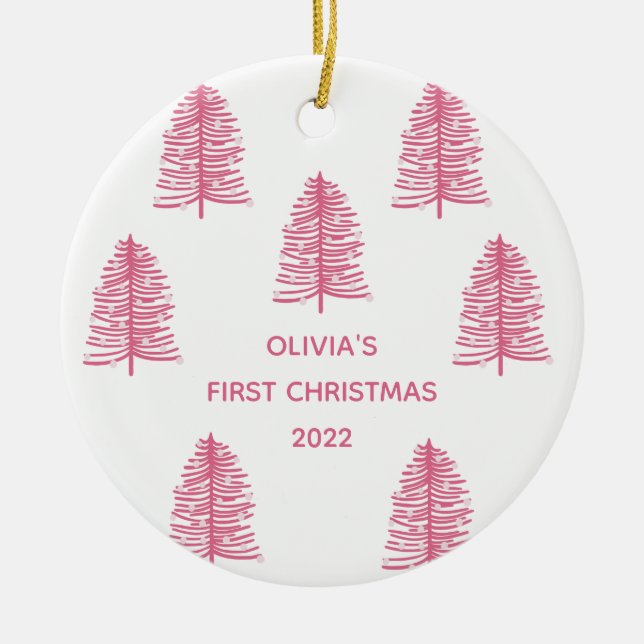 Personalised Pink Babies First Christmas Tree Ceramic Tree Decoration (Front)
