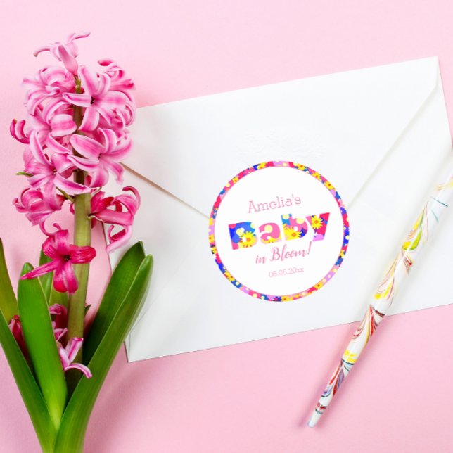 Personalised Pink Baby in Bloom Pink Baby Shower  Classic Round Sticker (Creator Uploaded)
