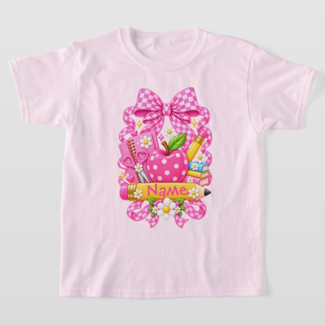 Personalised Pink Back to School , Custom Name bow T-Shirt (Laydown)