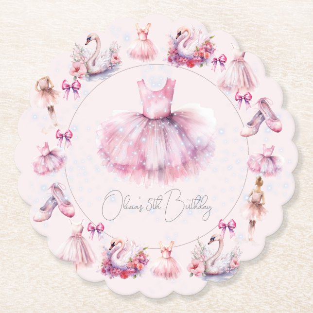 Personalised Pink Ballerina Birthday Paper Coaster (Front)