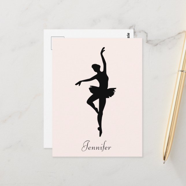 Personalised Pink Ballerina Dance Silhouette Postcard (Front/Back In Situ)