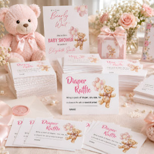 Personalised Pink bear Baby Shower Diaper Raffle Enclosure Card