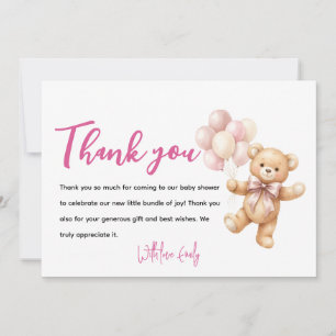 Personalised Pink Bear Baby Shower Thank You Card