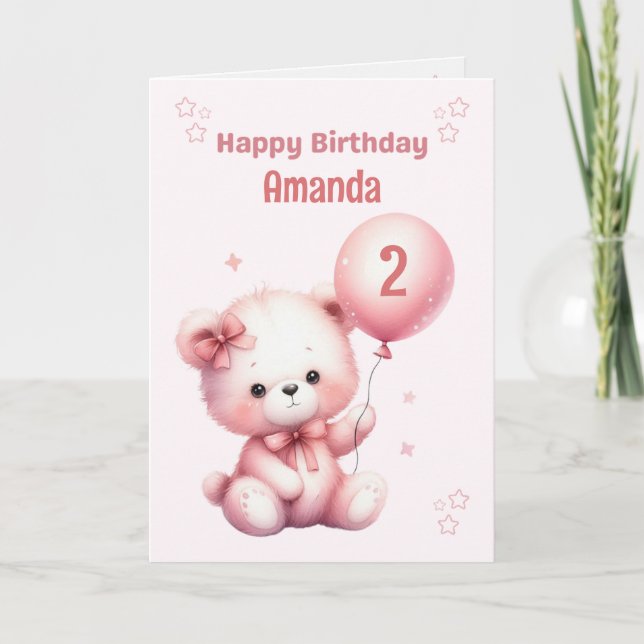 Personalised Pink Bear Birthday Card (Front)