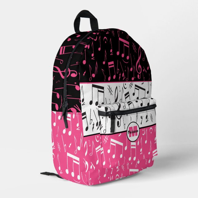 Personalised pink, black and white music design printed backpack (Back Corner Left)