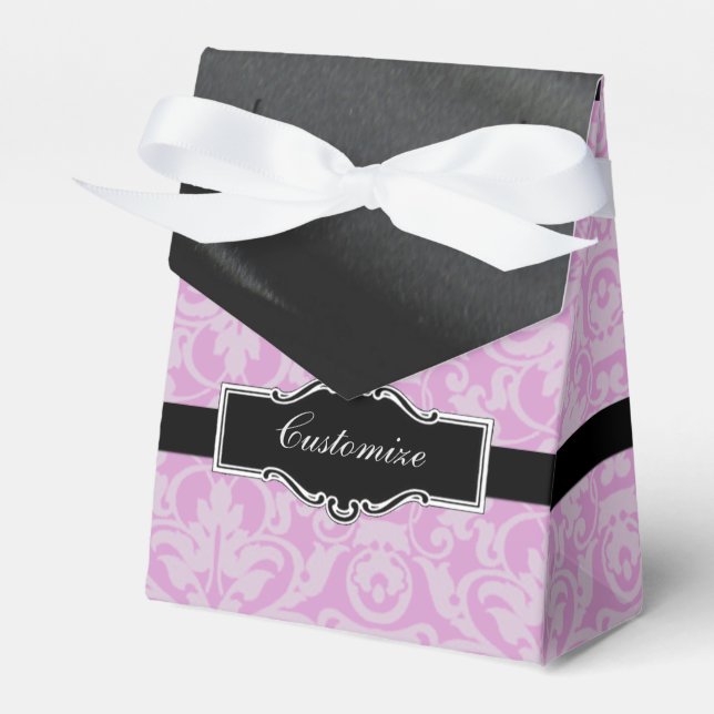 Personalised Pink & Black Damask Tent Favour Box (Front Side)