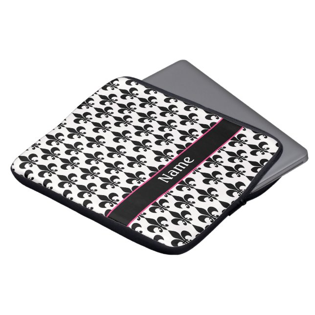 Personalised Pink Black Fleur de Lis Laptop Sleeve (Front Top)