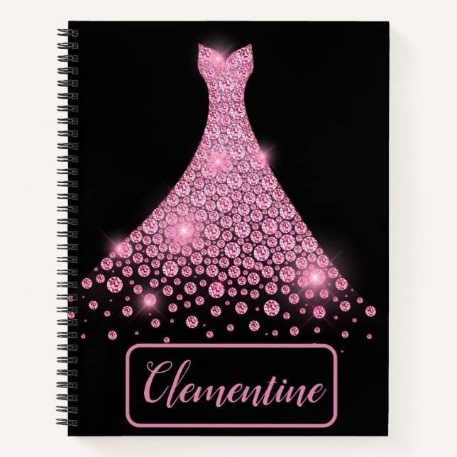 Personalised Pink Black Glitter Gown Sketchbook Notebook (Front)