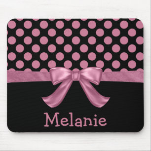 Personalised Pink Black Polka Dot Ribbon Bow Mouse Pad