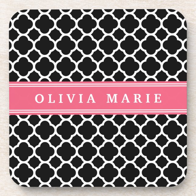Personalised Pink Black Quatrefoil Pattern Coaster (Front)