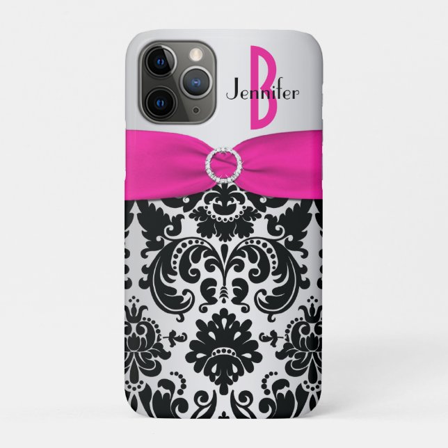 Personalised Pink, Black, Silver Damask Case-Mate iPhone Case (Back)