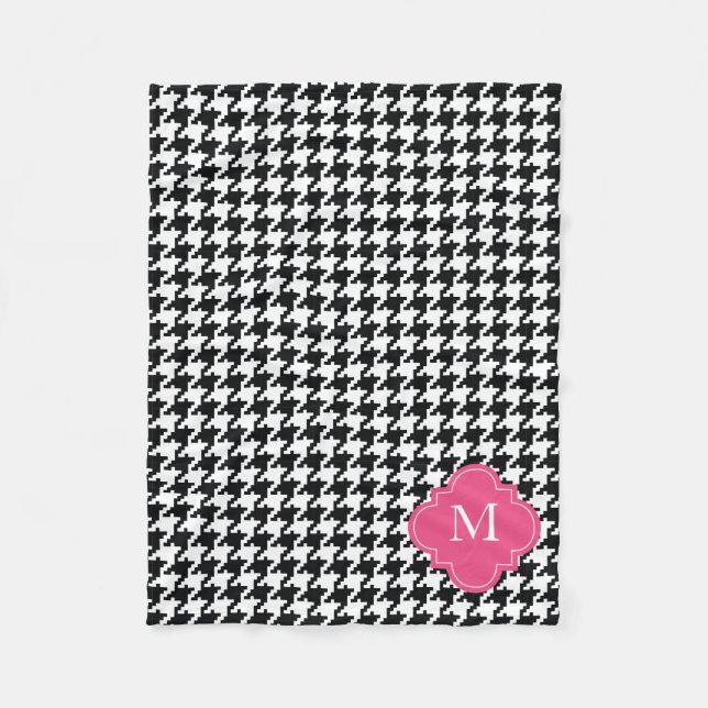 Personalised Pink Black White Houndstooth Pattern Fleece Blanket (Front)