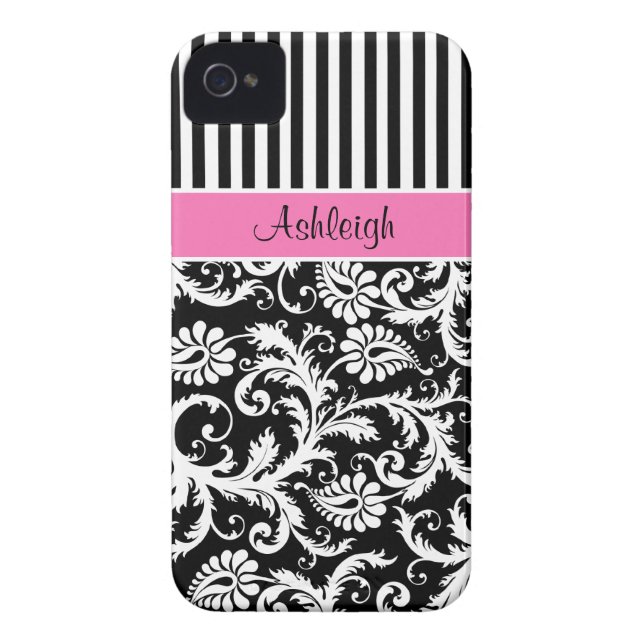 Personalised Pink, Black, White Striped Damask Case-Mate iPhone Case (Back)