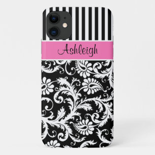 Personalised Pink, Black, White Striped Damask Case-Mate iPhone Case