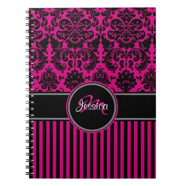 Personalised Pink Black White Striped Damask Notebook (Front)