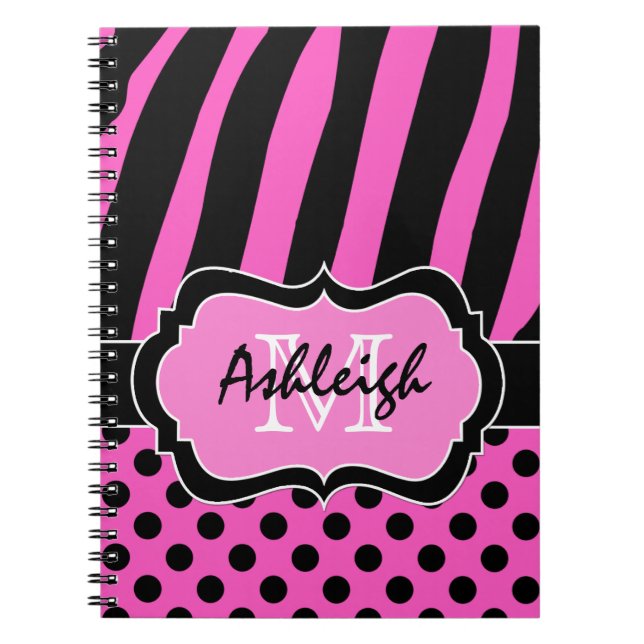 Personalised Pink Black White Striped Polka Dots Notebook (Front)