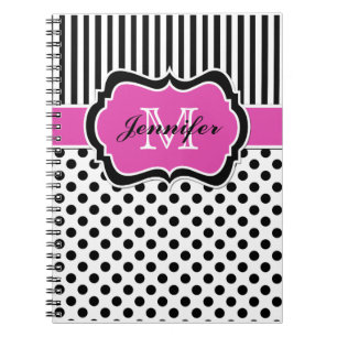 Personalised Pink Black White Striped Polka Dots Notebook