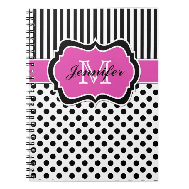 Personalised Pink Black White Striped Polka Dots Notebook (Front)