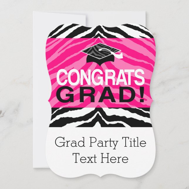 Personalised Pink Black Zebra Graduation Party Invitation (Front)