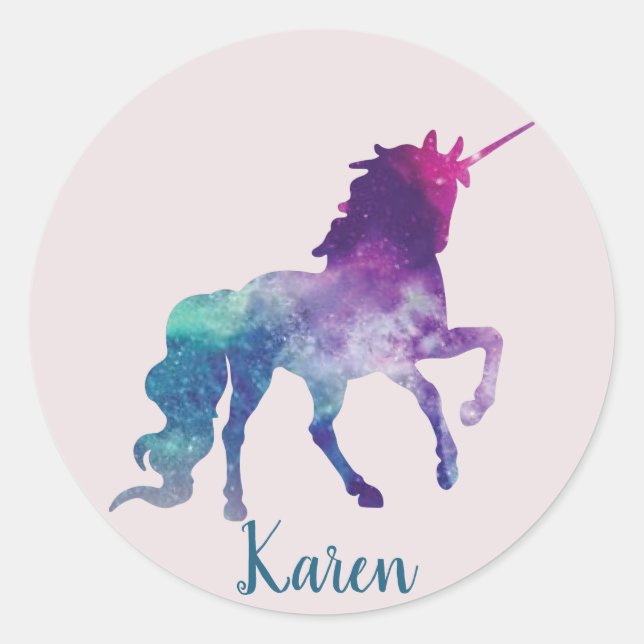 Personalised Pink Blue and Purple Unicorn Classic Round Sticker (Front)