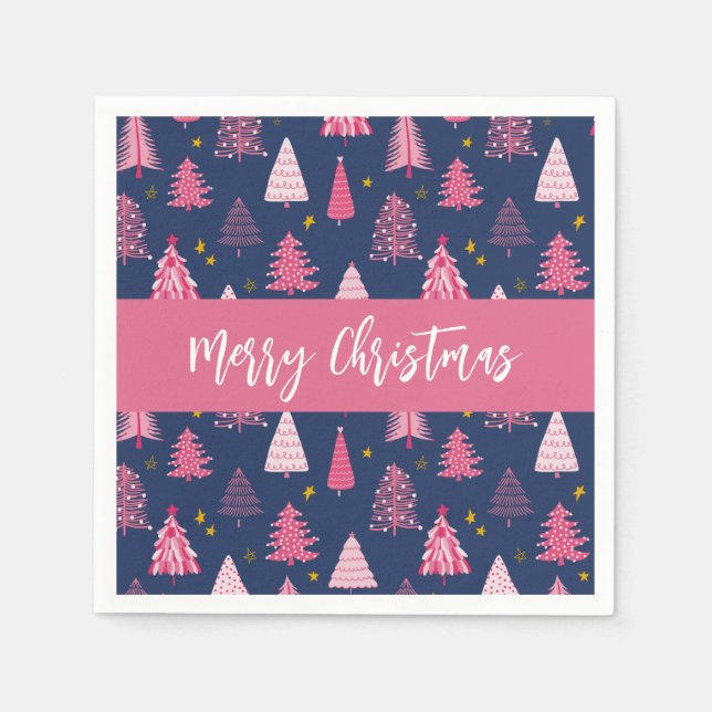 Personalised Pink Blue Christmas Tree Pattern Napkin (Front)