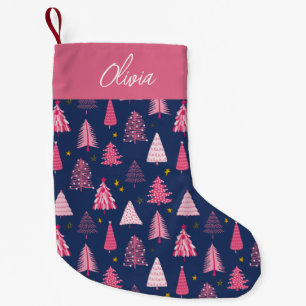 Personalised Pink & Blue Christmas Tree Pattern Small Christmas Stocking