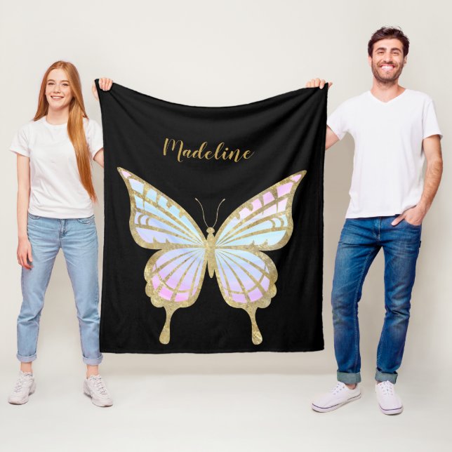 Personalised Pink, Blue & Gold Butterfly Fleece Blanket (In Situ)