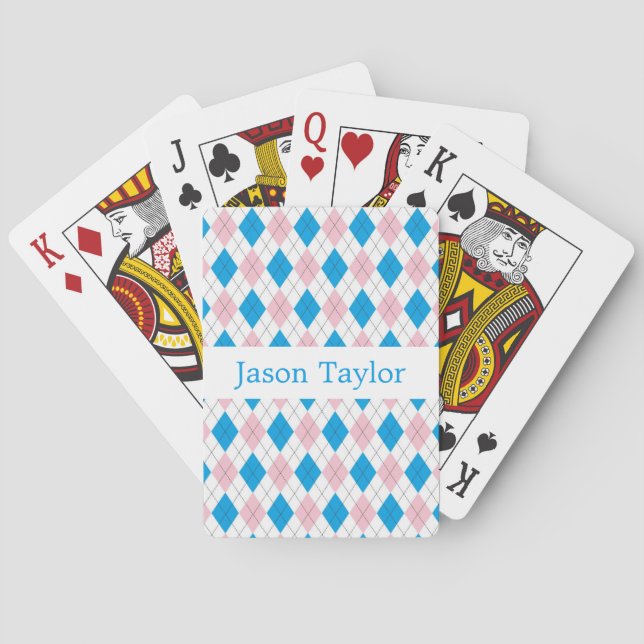 Personalised Pink Blue White Argyle Pattern Playing Cards (Back)