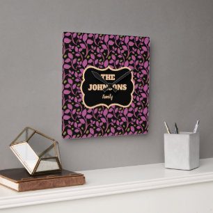 Personalised Pink Botanical Family name design Square Wall Clock