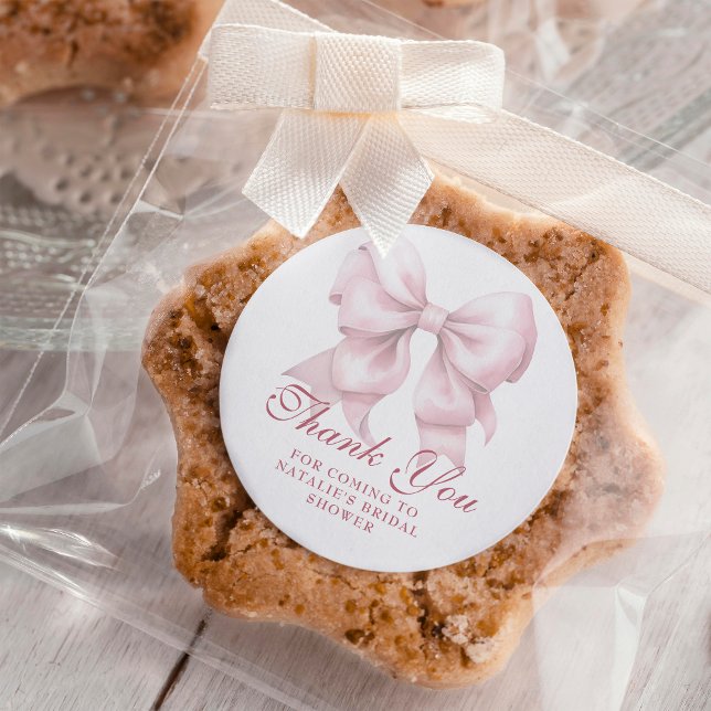 Personalised Pink Bow Bridal Shower Thank You Classic Round Sticker (Creator Uploaded)