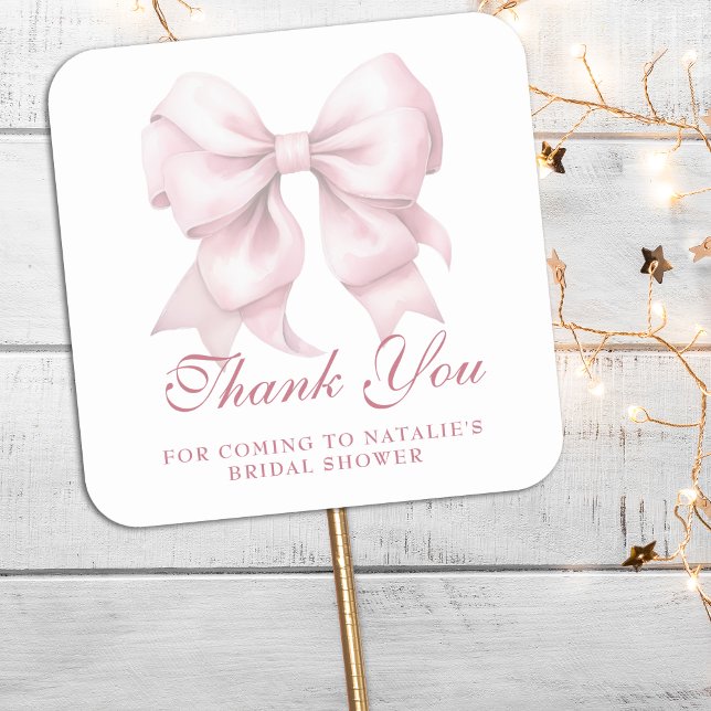 Personalised Pink Bow Bridal Shower Thank You Square Sticker (Creator Uploaded)
