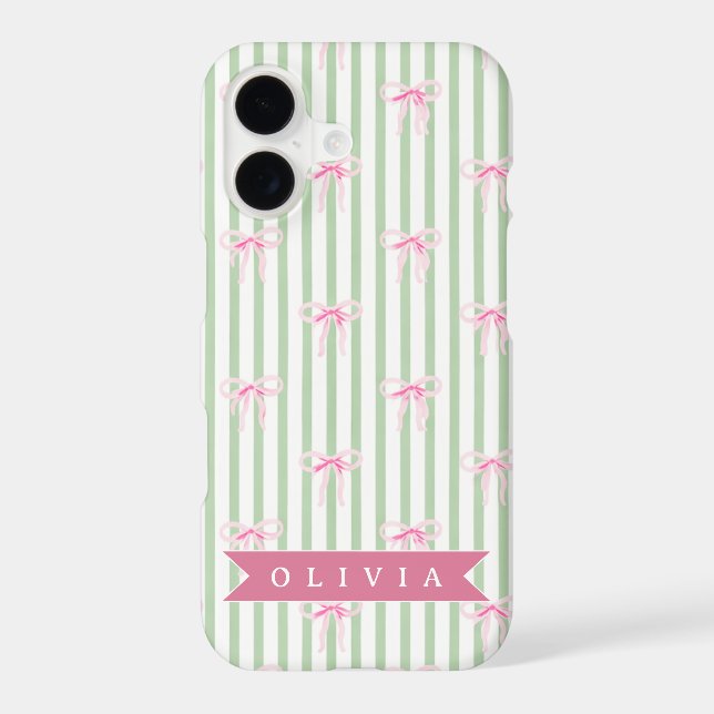 Personalised Pink Bow Green Stripe Coquette Preppy (Back)